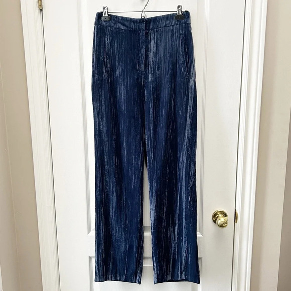 Topshop Crinkled Velvet Suit Matching Blazer & Trousers Wide Leg Blue Size 4 NWT - Picture 10 of 16